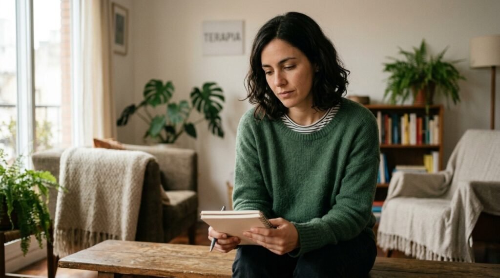 Mujer agobiada por listas de tareas, psicología de la autoexigencia