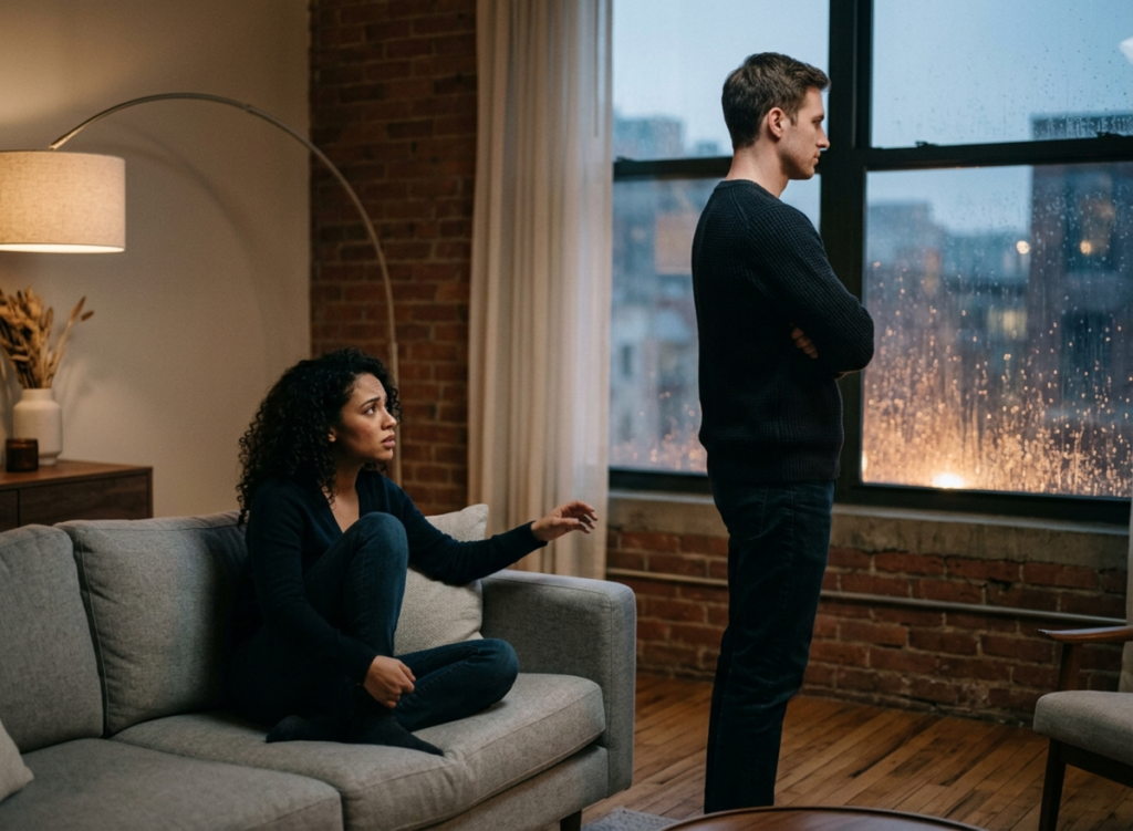Pareja en salón con distanciamiento emocional, representación de la trampa ansioso-evitativa - Iris Dueñas Psicología.