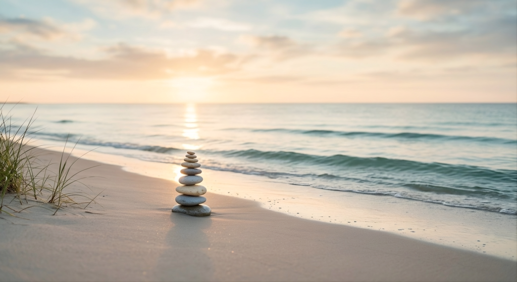 Fotografía de paisaje de playa al amanecer con una pila de piedras equilibradas estilo cairn cerca del agua, transmitiendo paz mental y estabilidad terapéutica