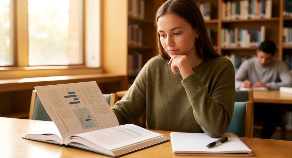 Una estudiante universitaria rubia con jersey verde estudia tranquilamente en una biblioteca soleada, visualizando la seguridad y el control sobre el rendimiento académico