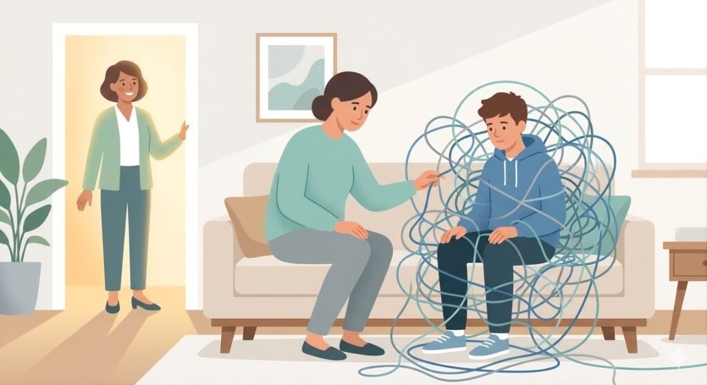 Ilustración minimalista de un padre ayudando a un adolescente a desenredar un ovillo de hilos azules, simbolizando el apoyo familiar y la guía terapéutica frente a problemas emocionales.