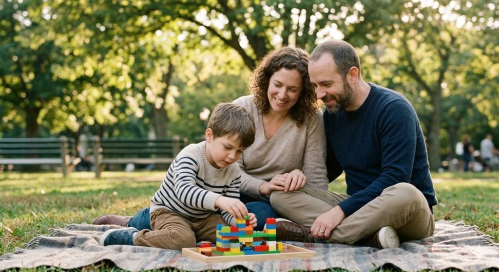 TDAH en niños: Familia jugando en el parque con pautas terapéuticas