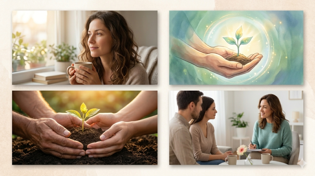 Ilustración detallada de dos manos sosteniendo un brote de planta en el suelo, con un aura luminosa y mágica alrededor, representando la esperanza y el apoyo emocional en el camino de la fertilidad.