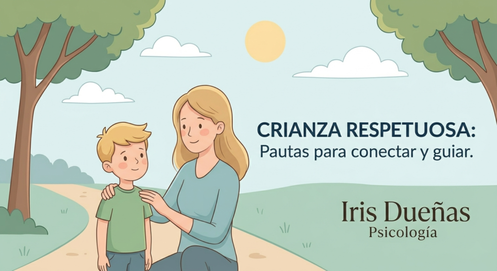 Ilustración de estilo plano que muestra a una madre agachada junto a su hijo pequeño en un camino rodeado de naturaleza. El niño viste una camiseta verde y la madre una azul, transmitiendo una actitud de escucha y crianza respetuosa ante dificultades de conducta.