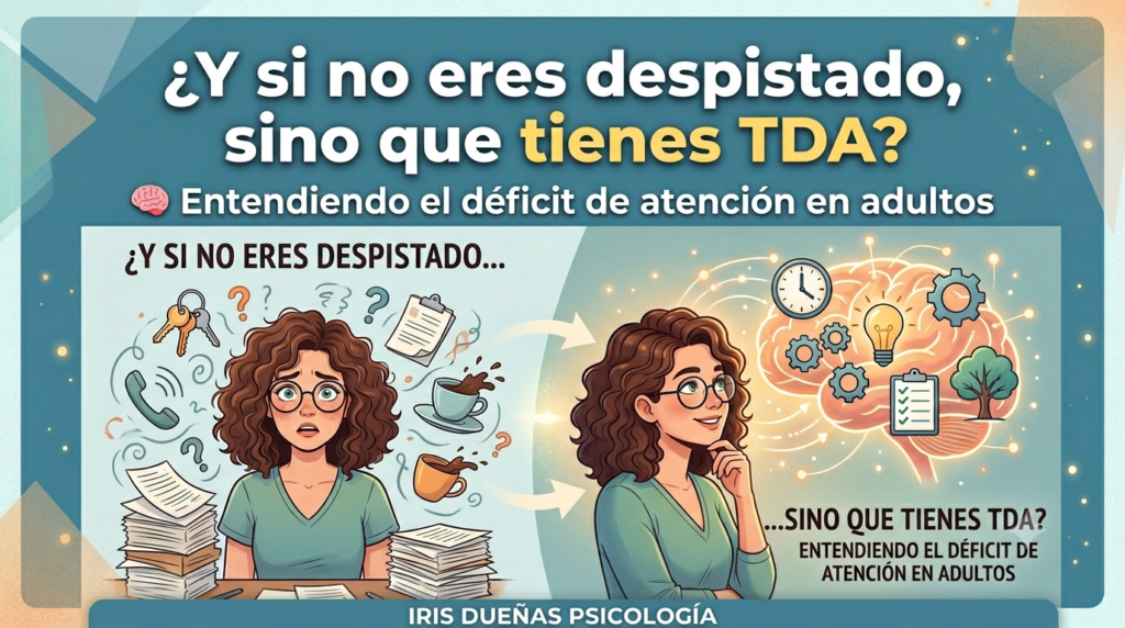 Una ilustración de dos paneles que muestra la misma mujer en dos situaciones. A la izquierda, se ve abrumada y desorganizada con una pila de papeles, llaves perdidas, café derramado, un teléfono sonando y un reloj en el fondo. A la derecha, se ve más tranquila y organizada con un cerebro que tiene un reloj, un engranaje, una bombilla, una lista de tareas y un árbol. El texto en la parte superior dice: "¿Y si no eres despistado, sino que tienes TDA? Entendiendo el déficit de atención en adultos". El texto en la parte inferior dice: "...Sino que tienes TDA? Entendiendo el déficit de atención en adultos". El nombre en la parte inferior es "IRIS DUEÑAS PSICOLOGÍA".