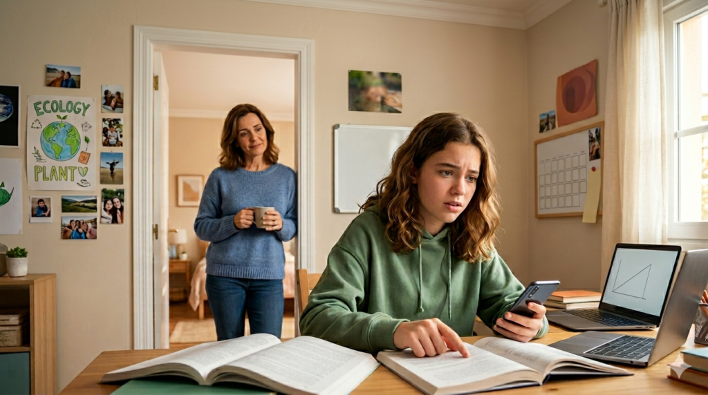 Una adolescente en su habitación, dividida entre un libro abierto y su smartphone, mientras su madre la observa en segundo plano con expresión empática.