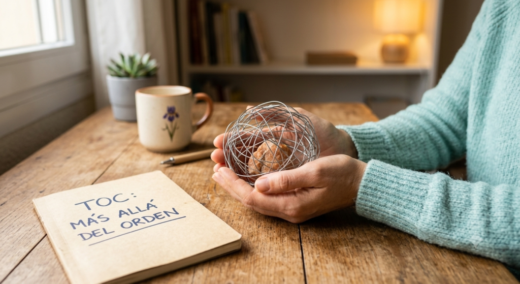 Persona sosteniendo una esfera metálica enredada que simboliza los pensamientos del TOC en una mesa de madera junto a un cuaderno que dice TOC más allá del orden.