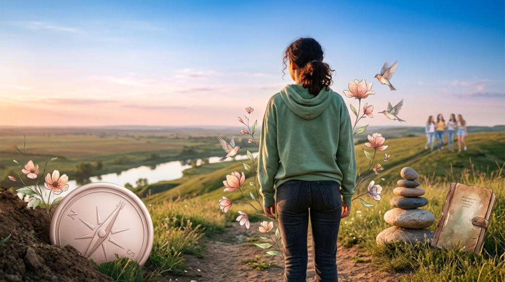 Imagen evocadora de una joven de espaldas mirando un valle al atardecer, simbolizando la búsqueda de identidad y crecimiento personal, con elementos ilustrativos como flores y una brújula.