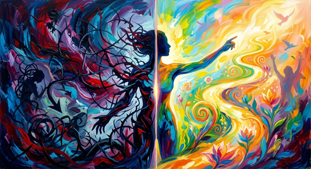 Una pintura abstracta y emocional que simboliza el viaje desde la angustia hasta el bienestar. Presenta una transición visual compleja: formas nítidas y colores turbulentos (violáceos, carmines, negros) en la parte inferior sugieren lucha y tensión emocional, mientras que colores vivos y luminosos (verdes vibrantes, azules claros, amarillos radiantes) se expanden hacia la parte superior en formas orgánicas y fluidas, representando la esperanza, la vitalidad y la sanación en un entorno libre de figuras humanas o texto.