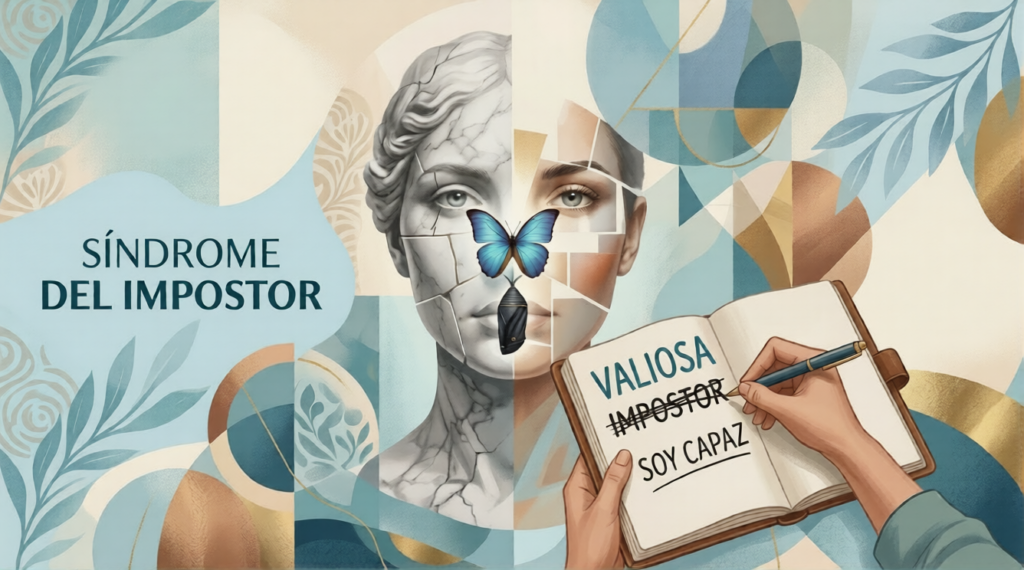 Una ilustración conceptual de psicología que muestra el rostro de una escultura clásica de mármol agrietada. Una mariposa azul brillante está posada en el centro de las grietas. A la derecha, una mano sostiene un bolígrafo sobre un cuaderno abierto, escribiendo "VALIOSA" sobre la palabra tachada "IMPOSTOR". Debajo aparece la frase "SOY CAPAZ". El fondo tiene formas geométricas suaves en tonos azul pastel, beige y oro
