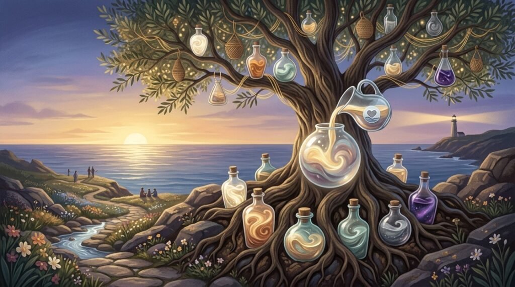 Un gran árbol de olivo en la costa con botellas colgantes llenas de pociones de colores, integrado en la naturaleza.