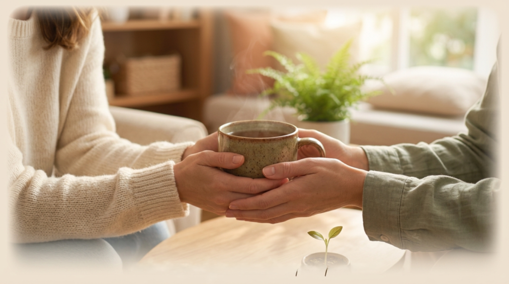 Primer plano fotográfico de dos personas sosteniendo juntas una taza de té caliente. Sus manos se tocan suavemente sobre la taza, bañadas por una luz dorada y cálida que entra por una ventana.