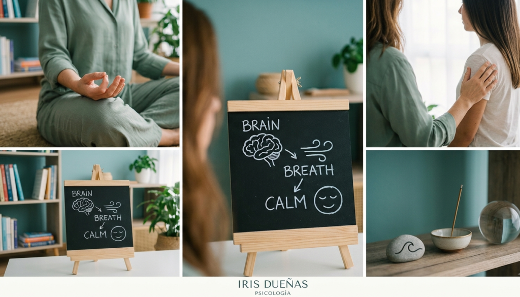 Un collage de cuatro fotos en tonos verdes y madera que ilustra la meditación psicológica: manos en mudra, un diagrama en pizarra que conecta mente y calma, una terapeuta guiando a una paciente de espaldas y un bodegón de meditación. Logotipo Iris Dueñas Psicología en la base.