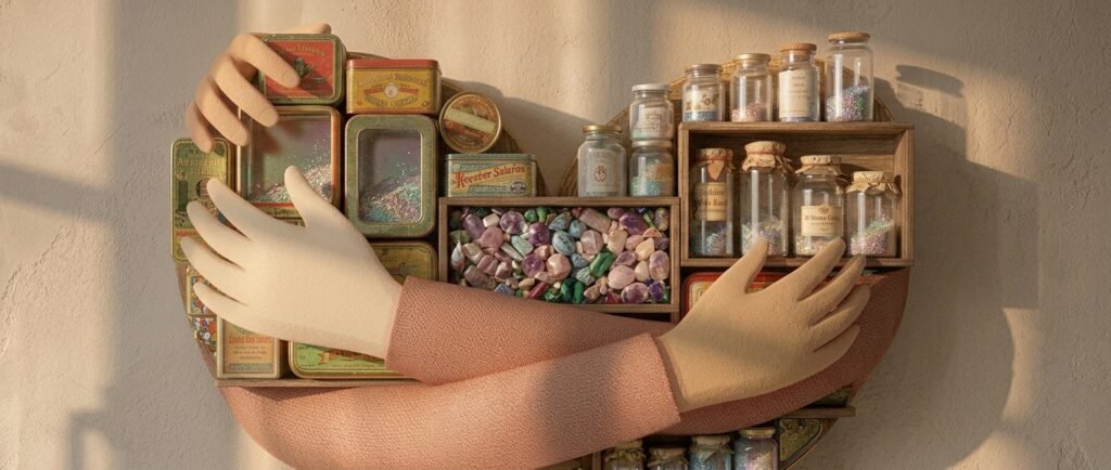 Escultura conceptual de unas manos abrazando un estante en forma de corazón lleno de frascos y latas vintage, simbolizando el consuelo y el refugio que buscamos en la comida emocional.