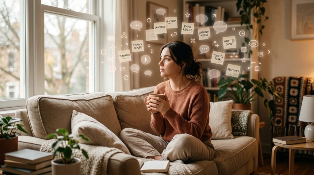 Mujer sentada en el sofá con una taza en la mano observando por la ventana, rodeada de pequeñas notas flotantes translúcidas que simbolizan la carga mental invisible y la fatiga por toma de decisiones