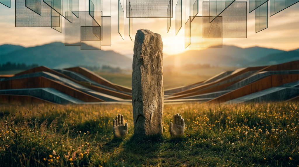 Fotografía surrealista de un monolito de piedra central con dos manos de piedra emergiendo de la tierra en un prado al atardecer. Estructuras geométricas transparentes cuelgan arriba.