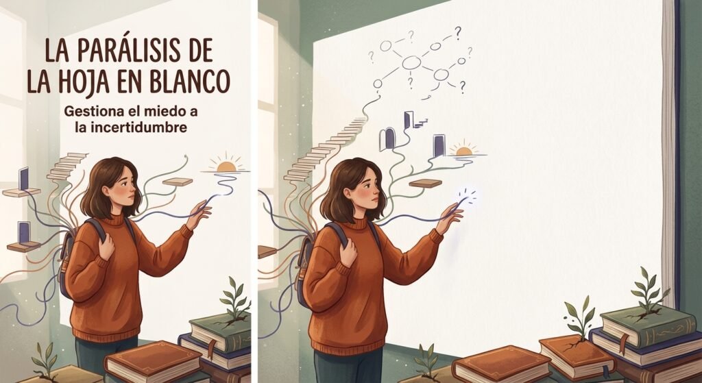 Una ilustración de estilo moderno en tonos tierra que muestra a una mujer con un suéter naranja frente a una gran pared blanca que representa una 'hoja en blanco'. De ella y de la pared surgen hilos de luz de colores que se transforman en caminos, escaleras y puertas hacia un horizonte con el sol naciente, simbolizando múltiples opciones de futuro. En la parte superior izquierda, el título: 'LA PARÁLISIS DE LA HOJA EN BLANCO. Gestiona el miedo a la incertidumbre'.