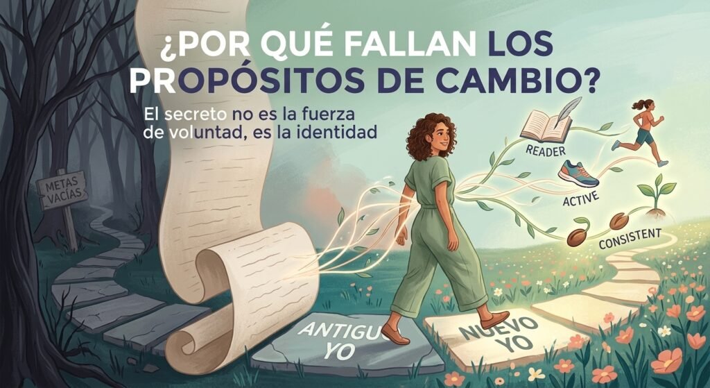 Ilustración conceptual de psicología que muestra una mujer caminando por un sendero que se divide. A la izquierda, un camino oscuro hacia un bosque sombrío con un cartel de 'METAS VACÍAS'. A la derecha, un camino luminoso hacia un campo florecido con carteles de 'NUEVO YO', 'READER', 'ACTIVE', 'CONSISTENT'. Sobre el sendero florecido, iconos de un libro abierto, zapatillas de correr y una planta germinando. Una gran pergamino se desenrolla en el centro con el título en español: '¿POR QUÉ FALLAN LOS PROPÓSITOS DE CAMBIO? El secreto no es la fuerza de voluntad, es la identidad'. Estilo moderno, colores suaves y texturizados.