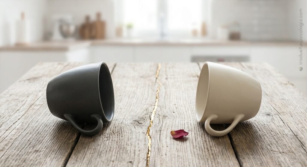 dos tazas de café separadas sobre una mesa de madera con una grieta reparada en oro (Kintsugi), metáfora de reconexión en la pareja.