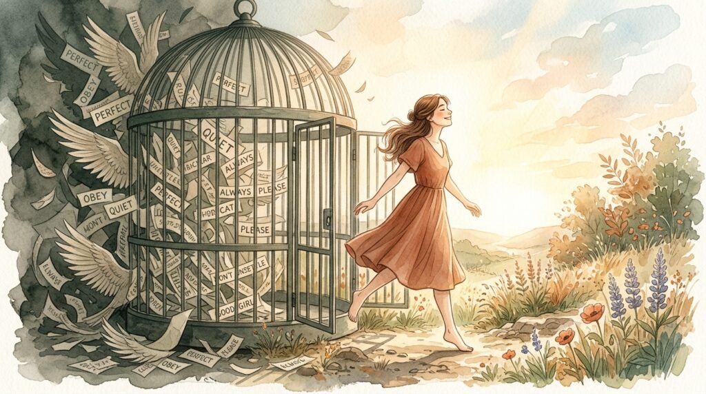 Ilustración conceptual de una mujer liberándose de la complacencia y el síndrome de la buena niña en la adultez.